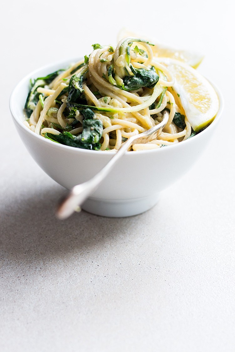 10 Minute Hummus Pasta with Zoodles, Greens, and Lemon