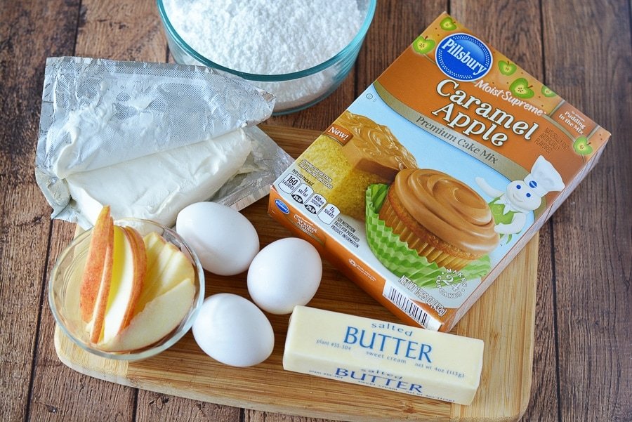 Ingredients to make a Caramel Apple Cream Cheese Cake