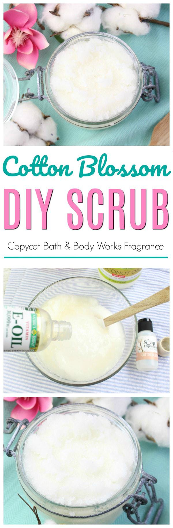 sugar scrub, diy scrub, cotton blossom scrub, bath & body works copy cat scrub recipe, homemade diy scrubs, homemade scrub