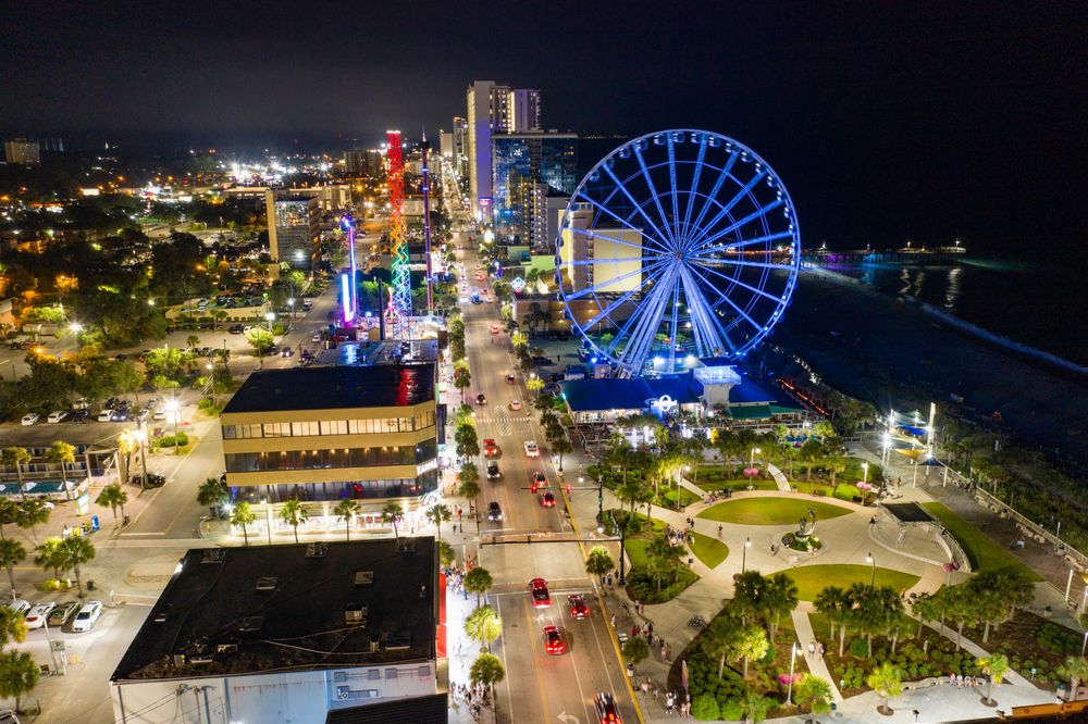 Aerial night photo of Myrtle Beach and Skywheel
