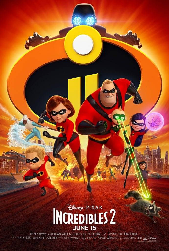 Incredible 2 poster: In INCREDIBLES 2, Helen (voice of Holly Hunter) is called on to lead a campaign to bring Supers back, while Bob (voice of Craig T. Nelson) navigates the day-to-day heroics of “normal” life at home with Violet (voice of Sarah Vowell), Dash (voice of Huck Milner) and baby Jack-Jack—whose super powers are about to be discovered. Their mission is derailed, however, when a new villain emerges with a brilliant and dangerous plot that threatens everything. But the Parrs don’t shy away from a challenge, especially with Frozone (voice of Samuel L. Jackson) by their side. That’s what makes this family so Incredible.