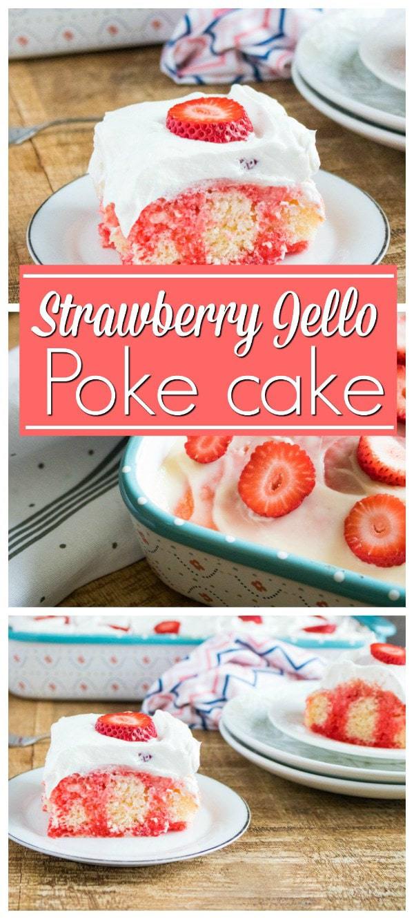 This Strawberry Jello Poke Cake is one of those desserts that scream summer and is a must to make each and every year. Perfect for summer gatherings & BBQs. This strawberry poke cake is made with Cheesecake Pudding and Strawberry Gelatin.
