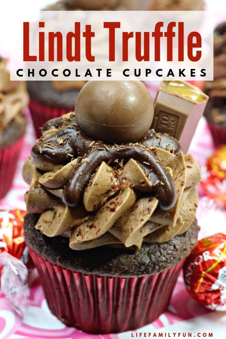 These moist Lindt Truffle Chocolate Cupcakes are literally packed full of flavor! Chocolate cupcakes and frosting topped with more chocolate? Yes, please! #chocolatecupcakes #LindtTruffle