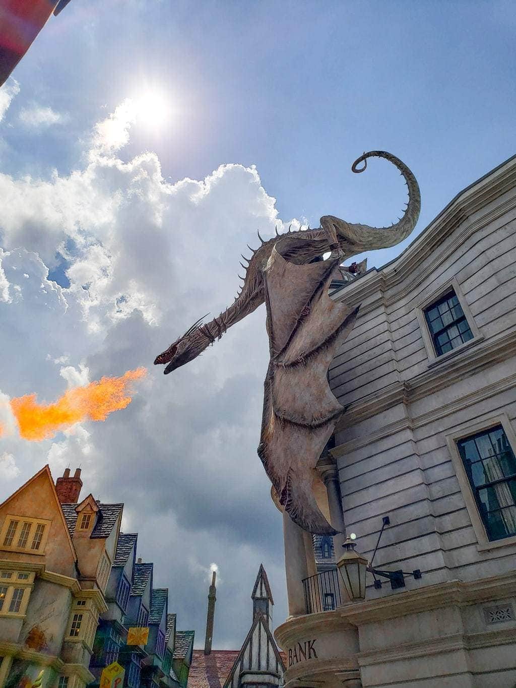 Diagon Alley Dragon breathing fire in Wizarding World of Harry Potter at Universal Orlando