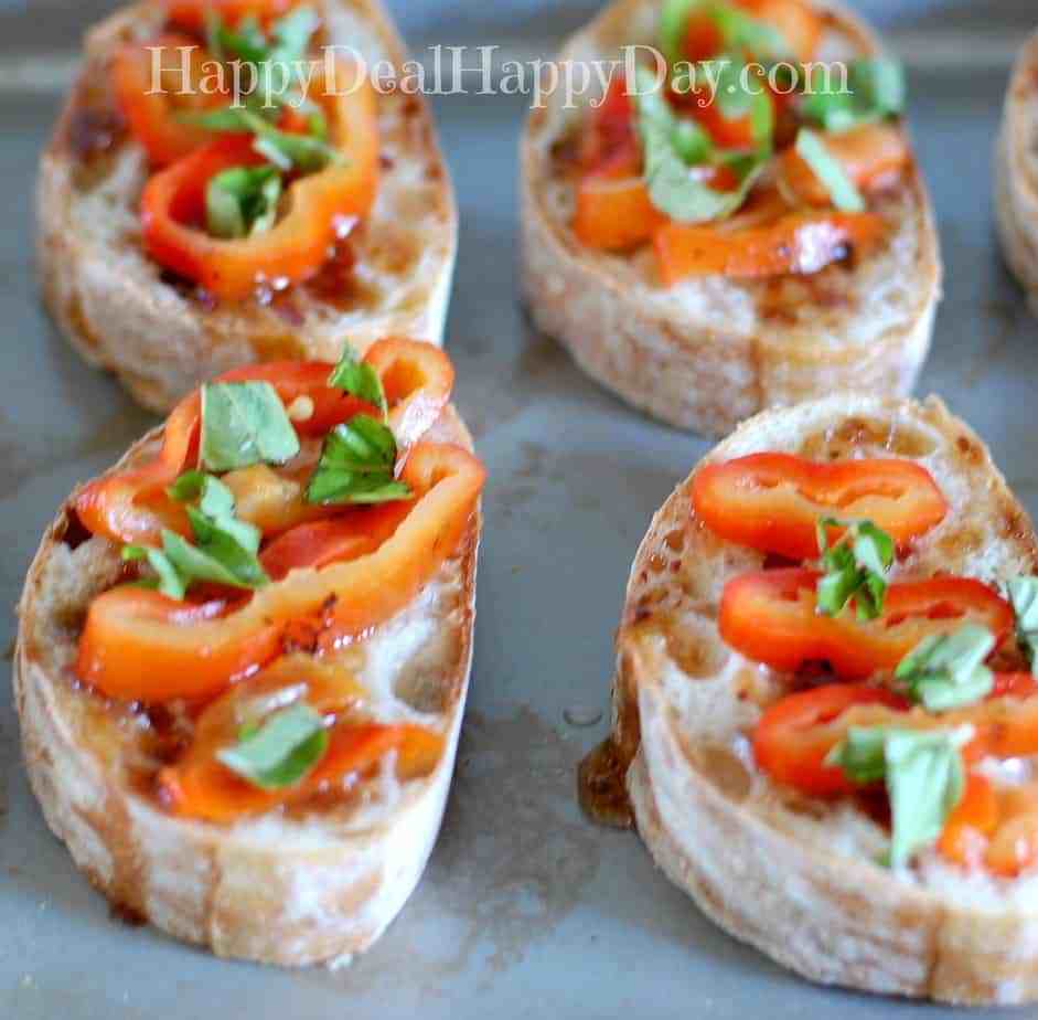 5-Ingredient Easy Bruschetta Recipe with Roasted Red Peppers & Basil