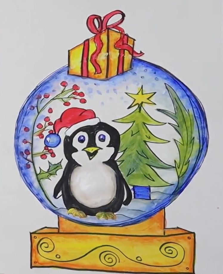A Penguin Snow Globe Drawing Tutorial