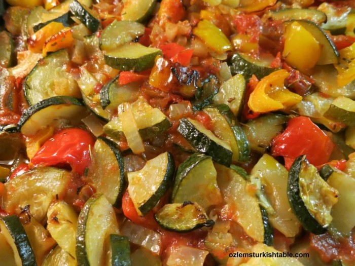 Baked Onion, Zucchini, Pepper, Onion, and Garlic in Tomato Sauce