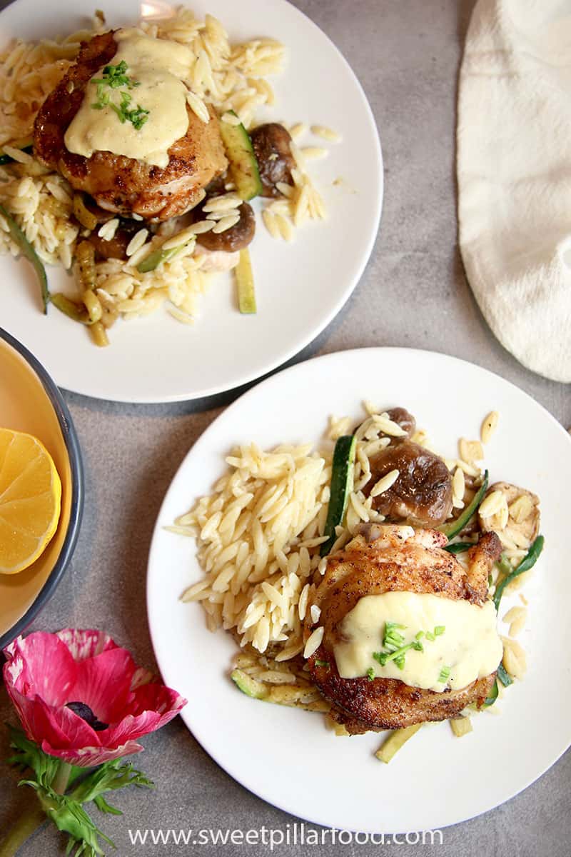Chicken, Mushrooms, and Squash with Lemon Cream over Orzo