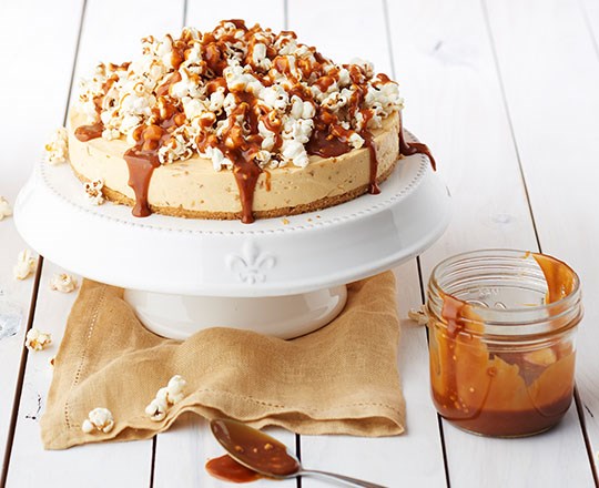 Crunchy Peanut Butter Cheesecake with Popcorn and Toffee Sauce