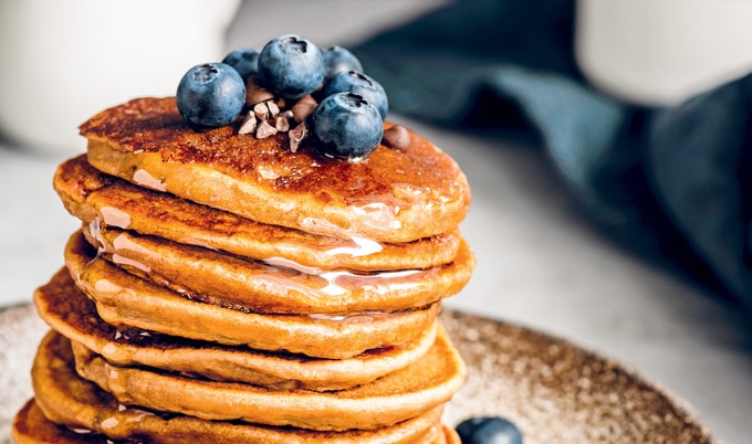 Stack of buckwheat pancakes with blueberries