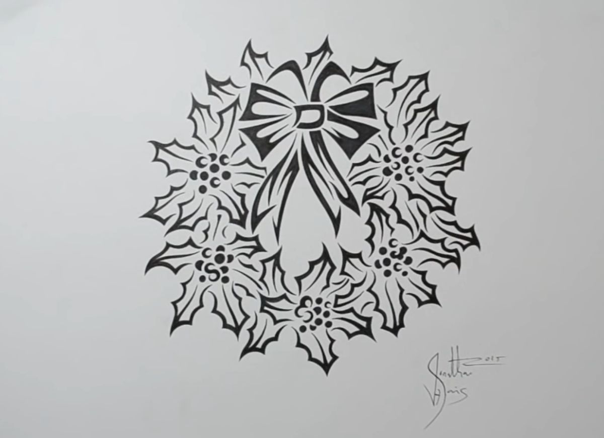 How to Draw a Christmas Wreath with Flowers