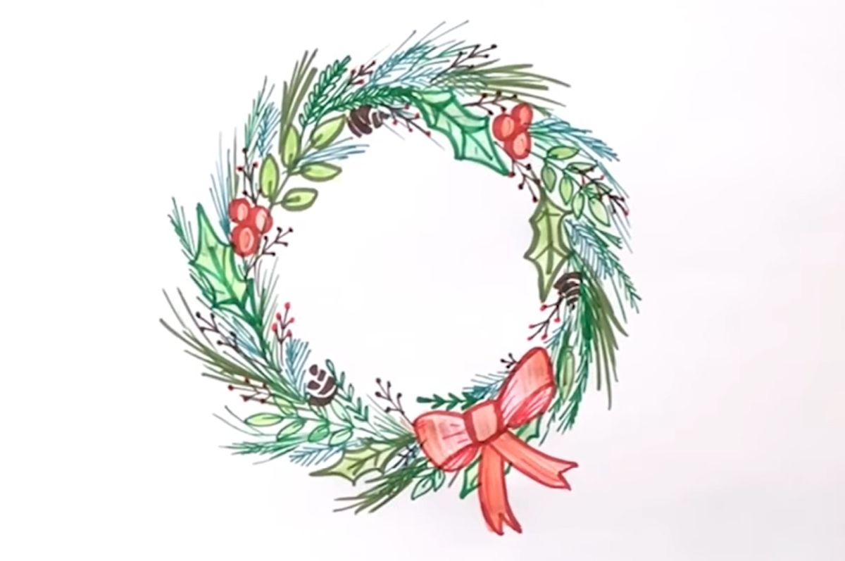 How to Draw a Pine Christmas Wreath