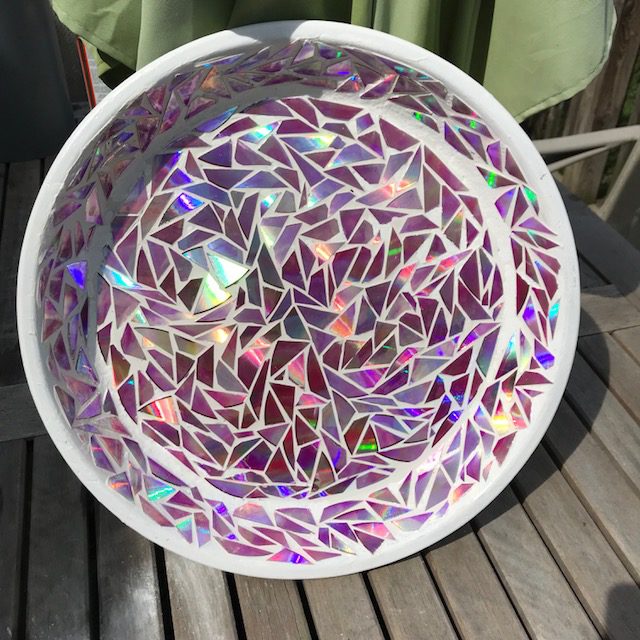Mosaic Birdbath Using CDs