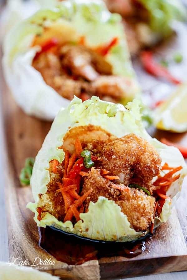 Oven Fried Tempura Batter Shrimp Lettuce Wraps