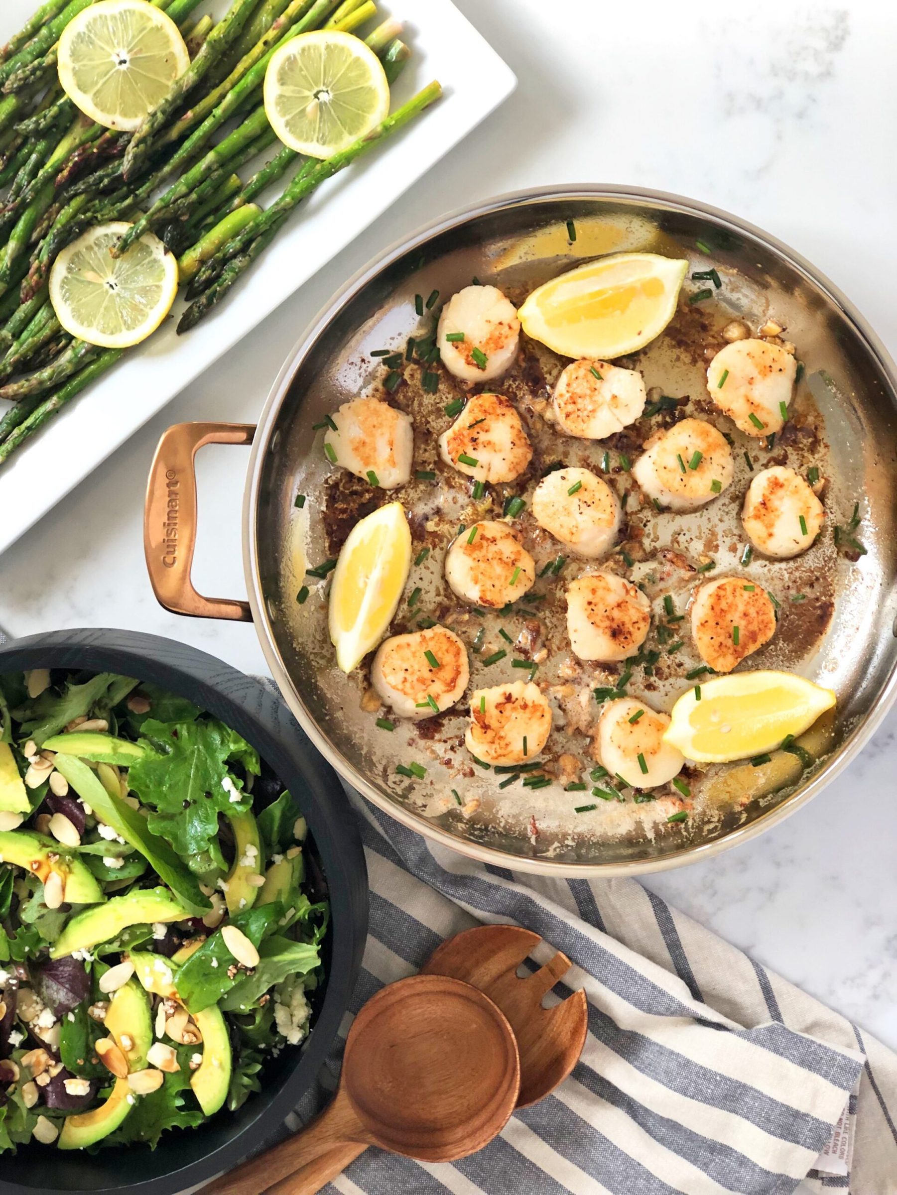 Pan-Seared Scallops With Lemon-Pepper Asparagus And Mixed Greens Salad