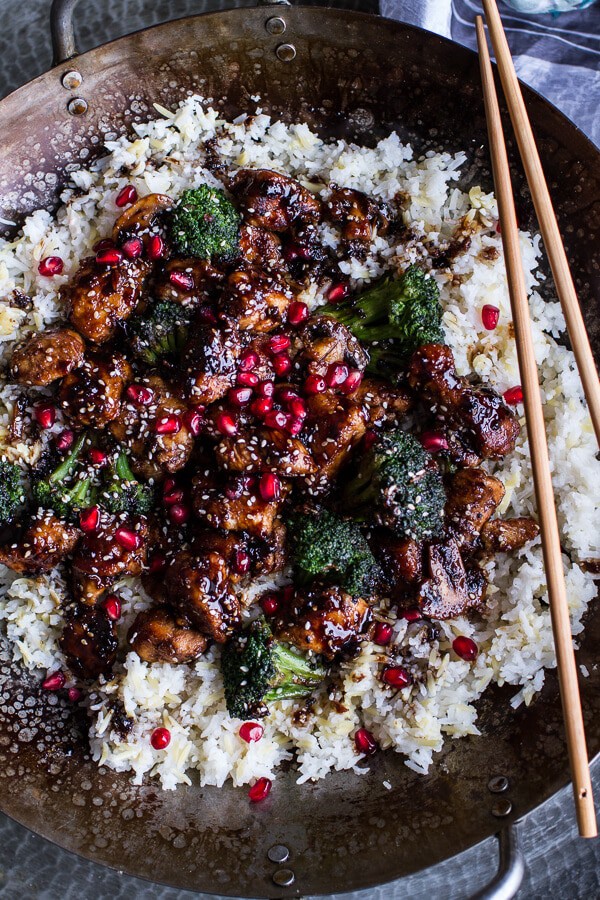 Pomegranate Sesame Chicken with Ginger Rice Pilaf