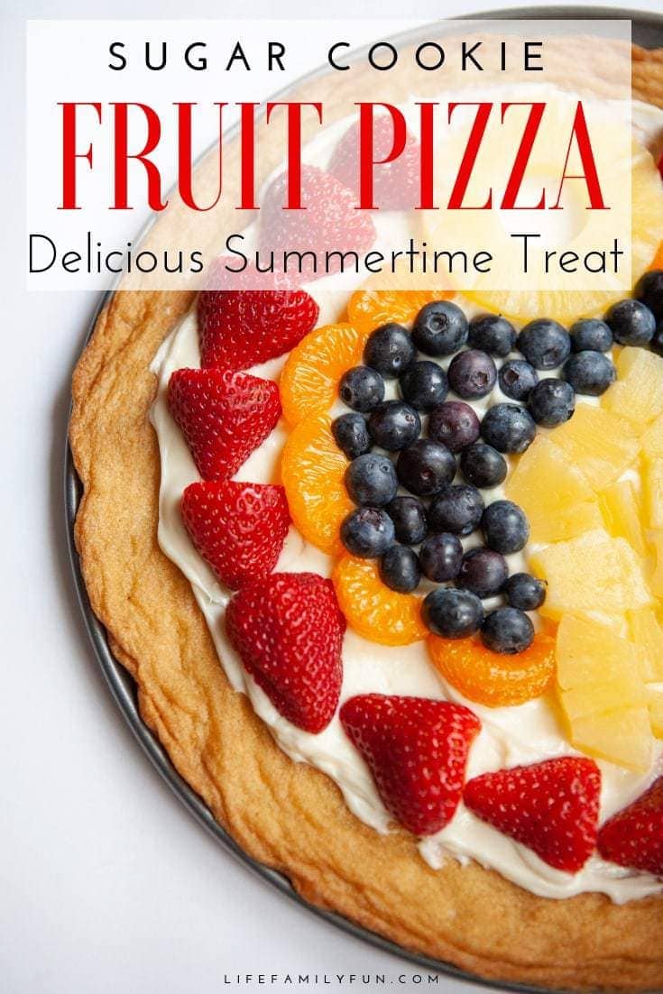 Make this Sugar Cookie Fruit Pizza! The fruit on top can be decorated any way that you like. This colorful Fruit Pizza is perfect for your Summer picnics and 4th of July parties.