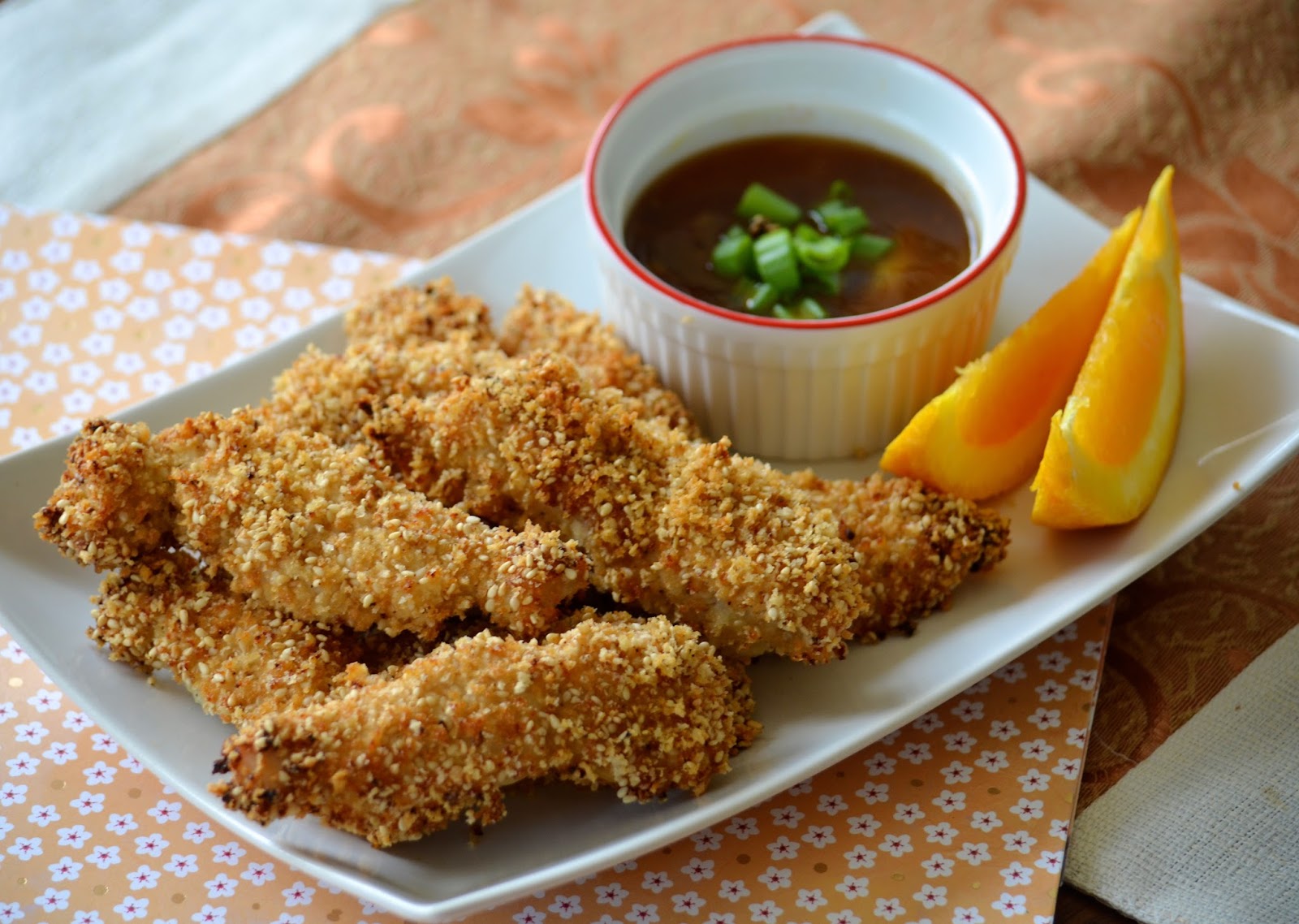 Sesame Chicken Fingers with Spicy Orange Dipping Sauce