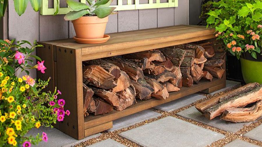 Short Bench With Wood Storage