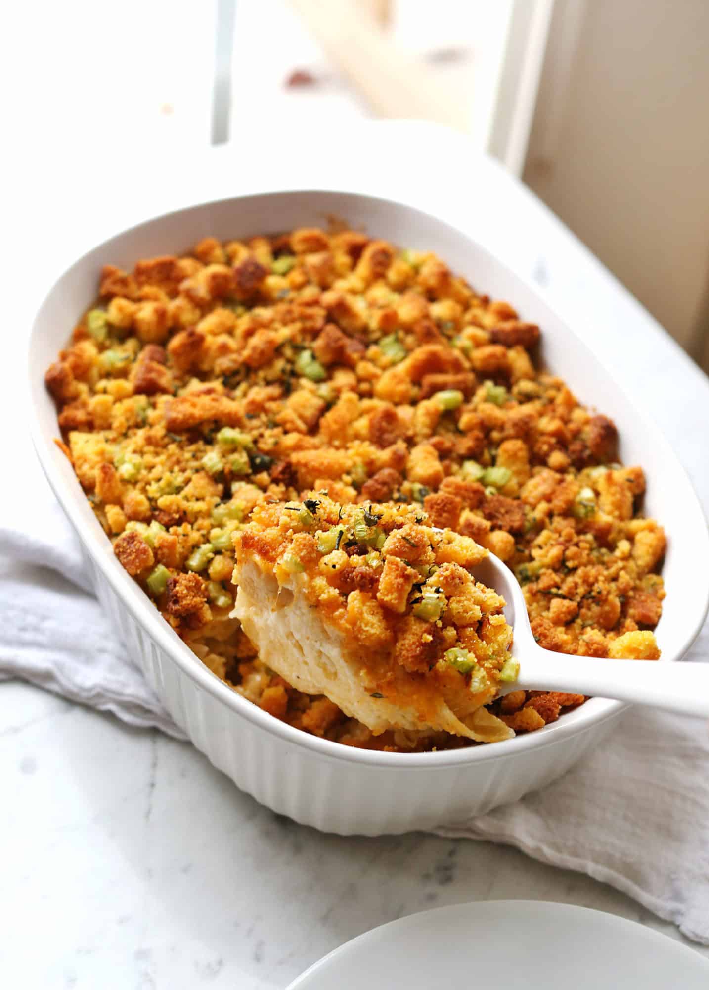 Stuffing Topped Baked Mac and Cheese