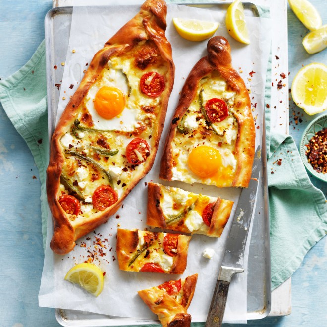 Turkish Pide with Egg, Tomato, and Cheese