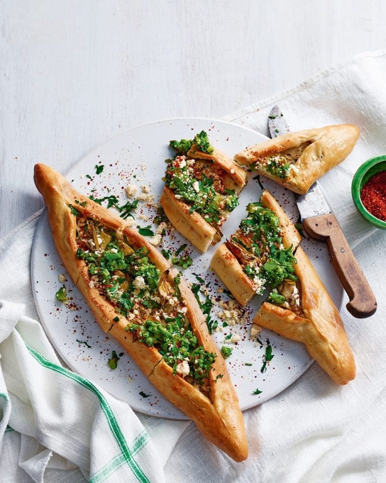 Turkish Pide with Marinated Artichokes, Broccoli, and Cheese