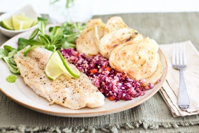 White Fish Fillet with Braised Fennel and Healthy Coleslaw