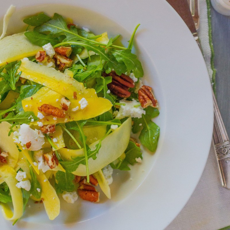 Yellow Squash with Arugula, Goat Cheese and Pecans