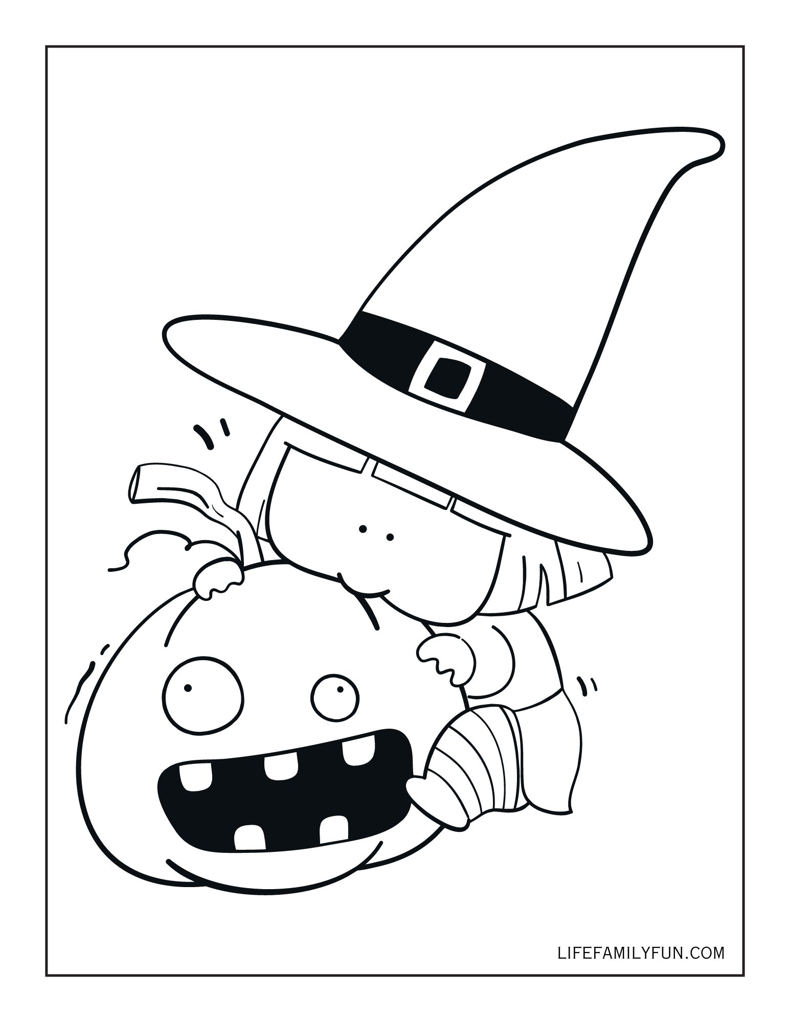 Halloween coloring page with pumpkin and whitch hat