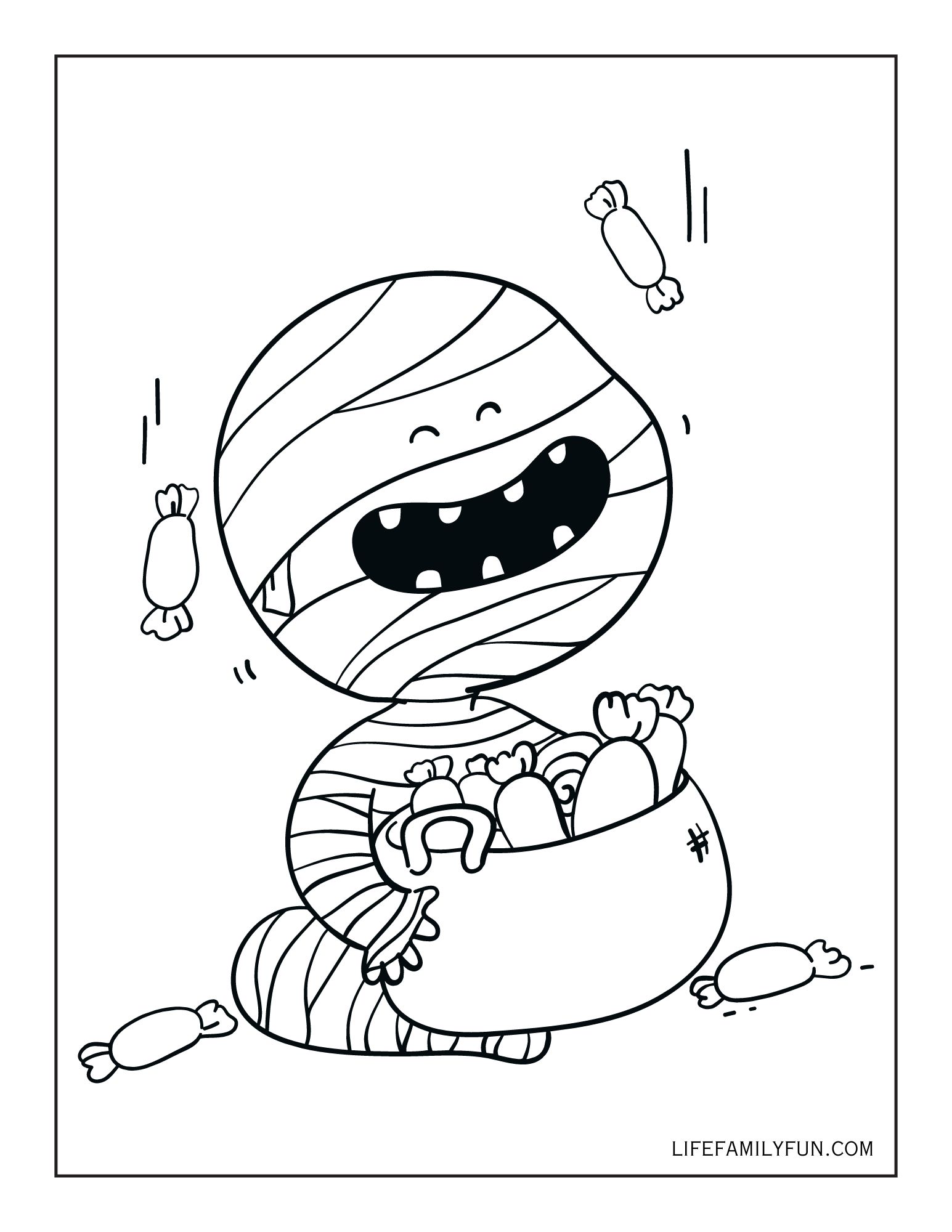 baby mummy coloring page with candy
