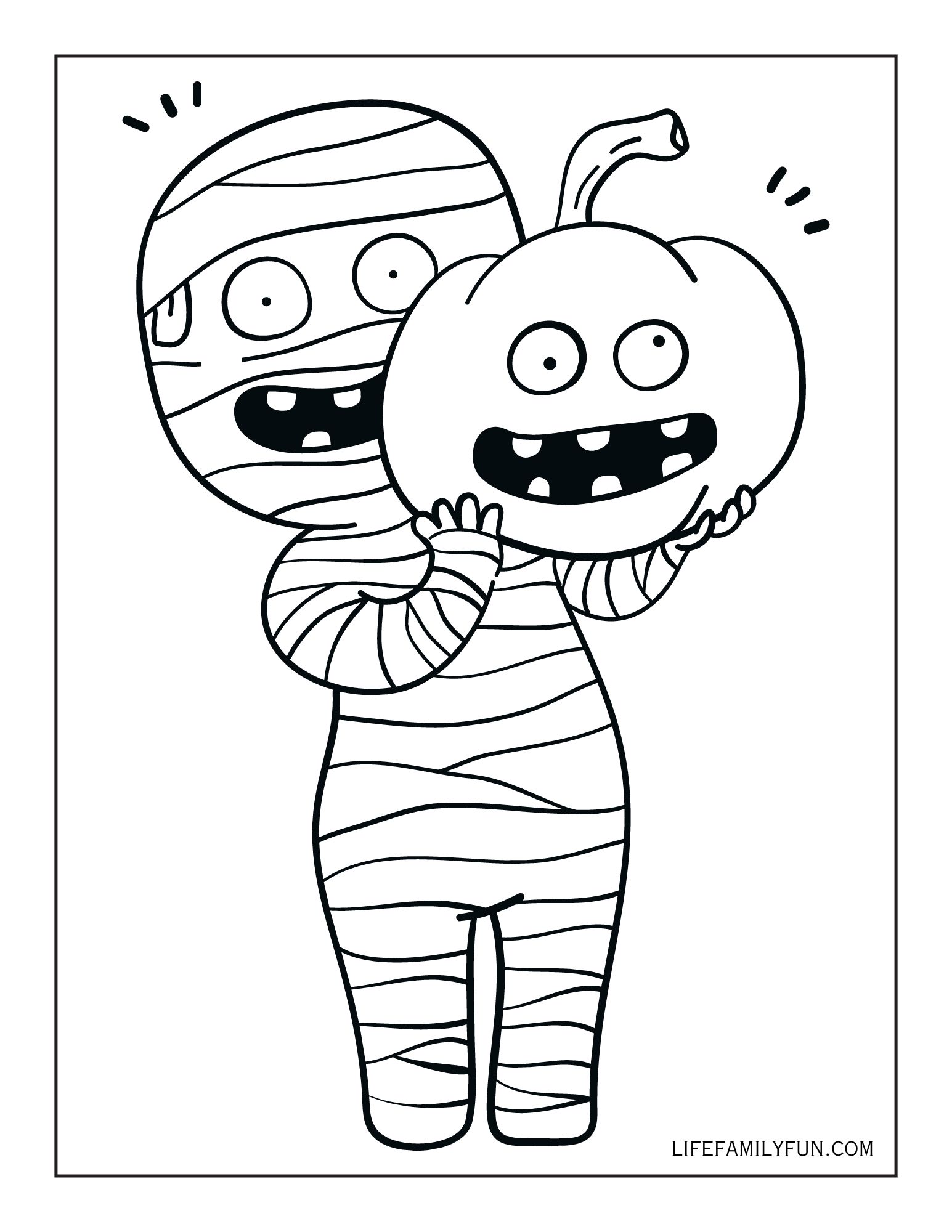 mummy patch halloween coloring page with pumpkin head
