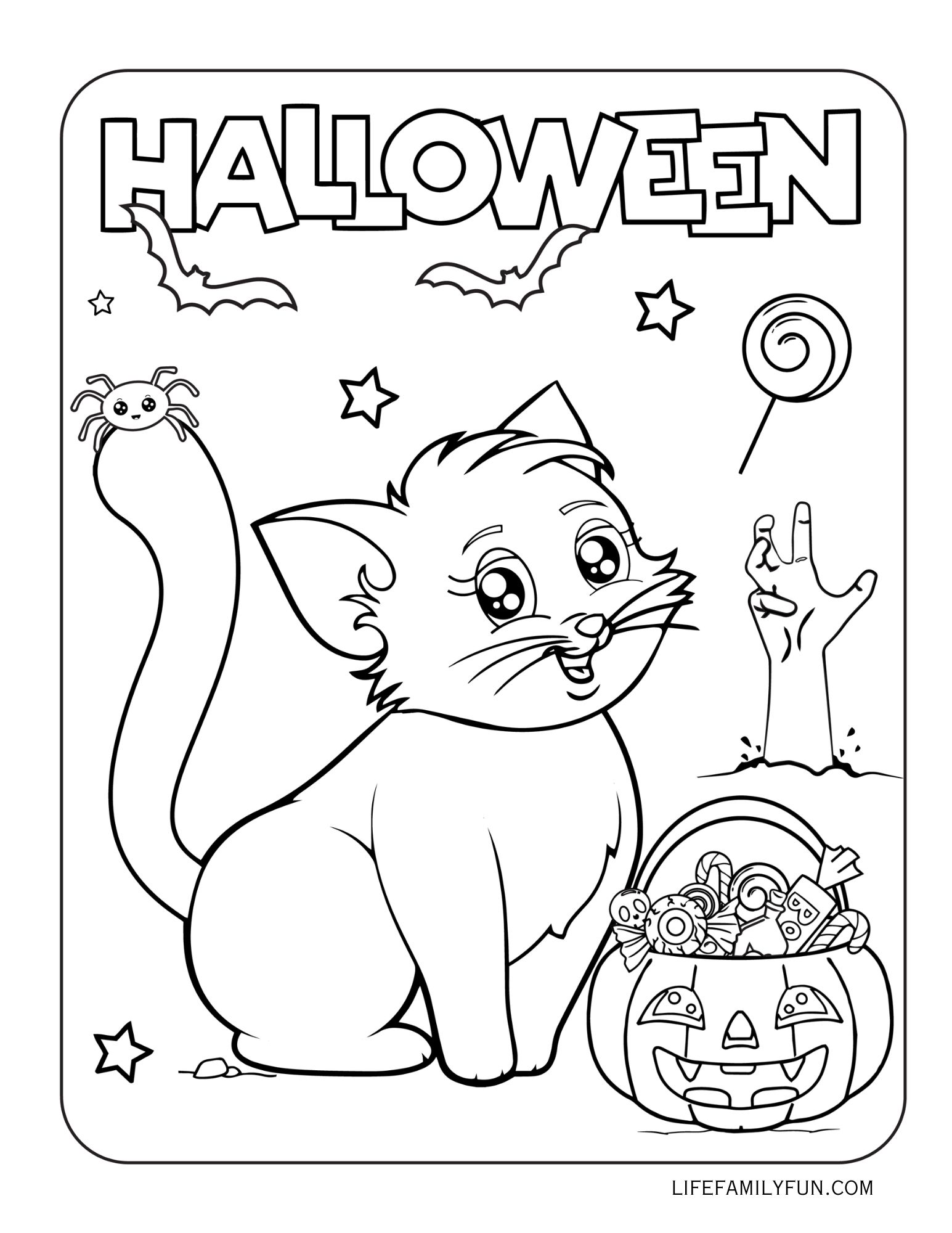 Cat with Halloween Pumpkin Coloring Page