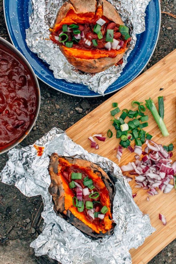 foil wrapped baked sweet potatoes with chili camping meal