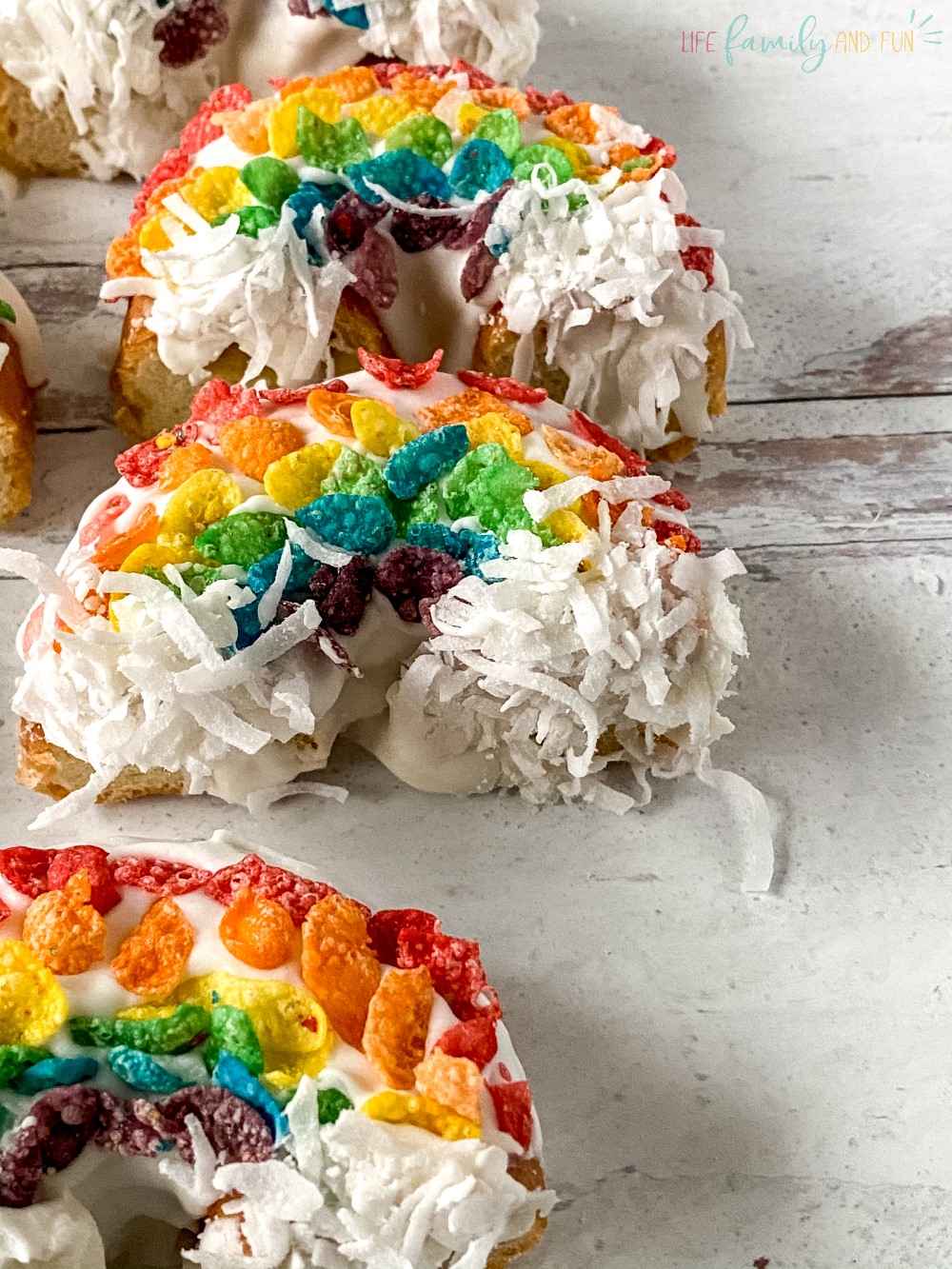close up of rainbow donuts